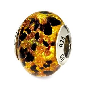 925 Sterling Silver Murano Gold & Black w/Glitter Overlay Glass Bead